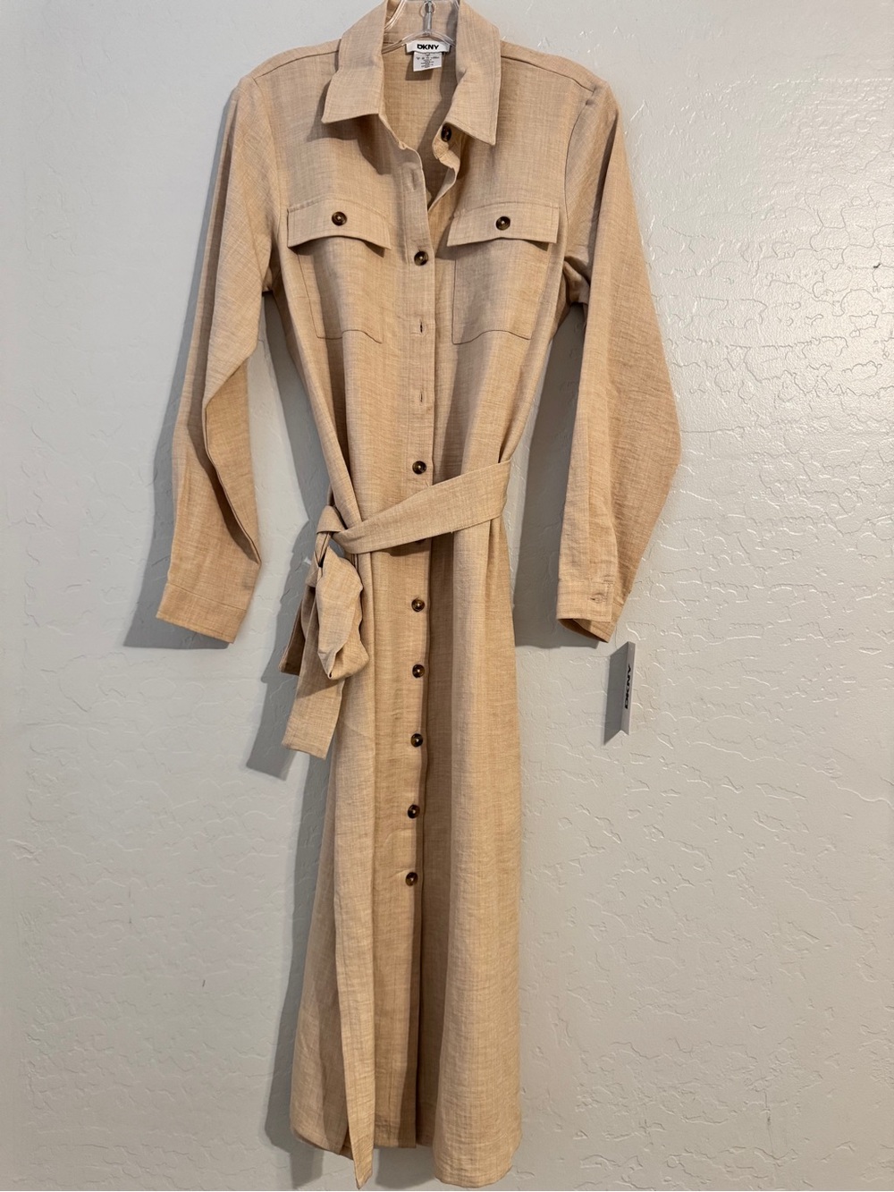 👗 NWT DKNY Beige Linen Button Front Belted Collared Pockets Long Shirt Dress 6